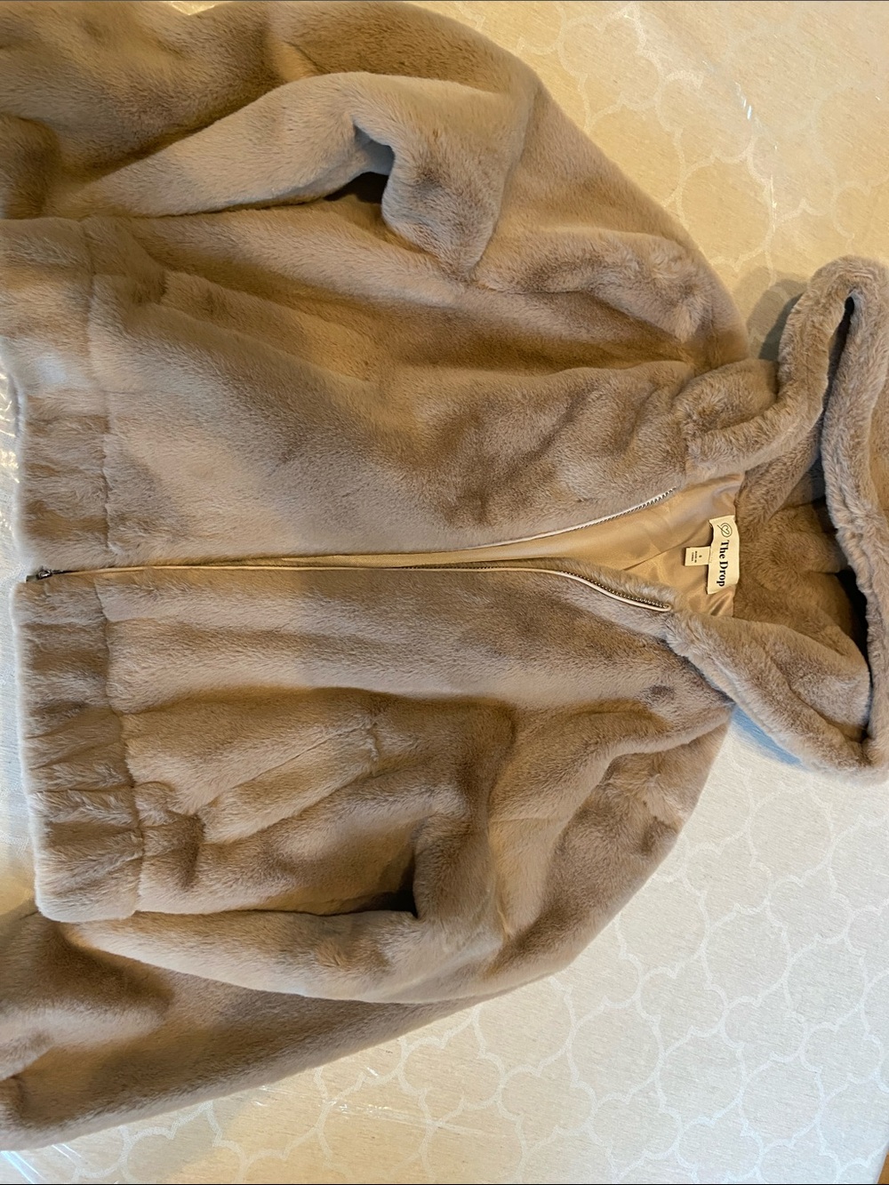 Faux Fur Light Tan Bomber jacket with attached hood Size Small